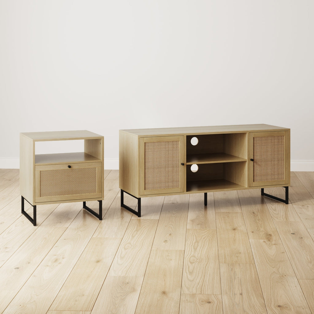 Rattan & Wood Storage Nightstand Light Oak