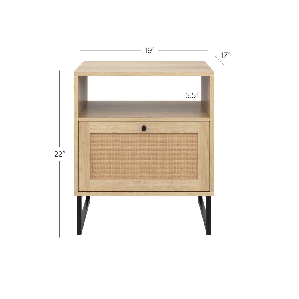 Rattan & Wood Storage Nightstand Light Oak