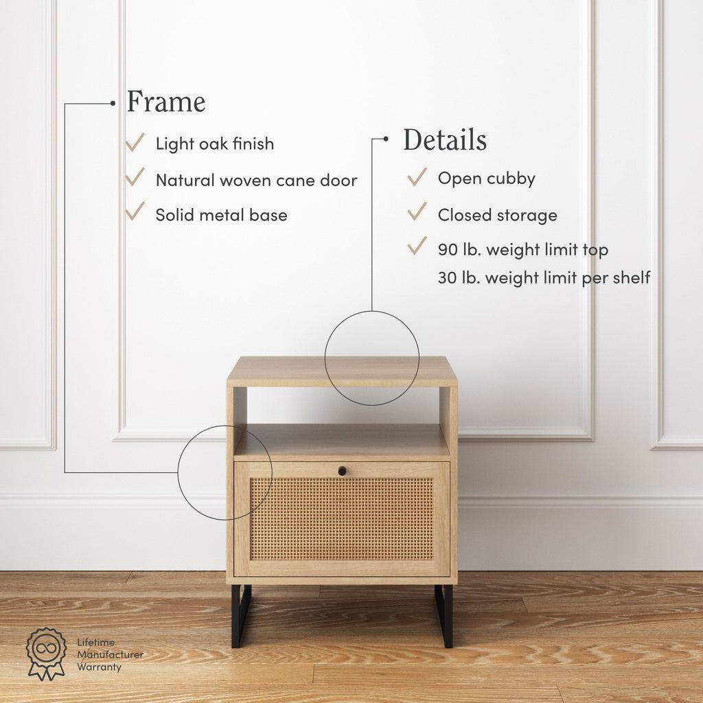Rattan & Wood Storage Nightstand Light Oak