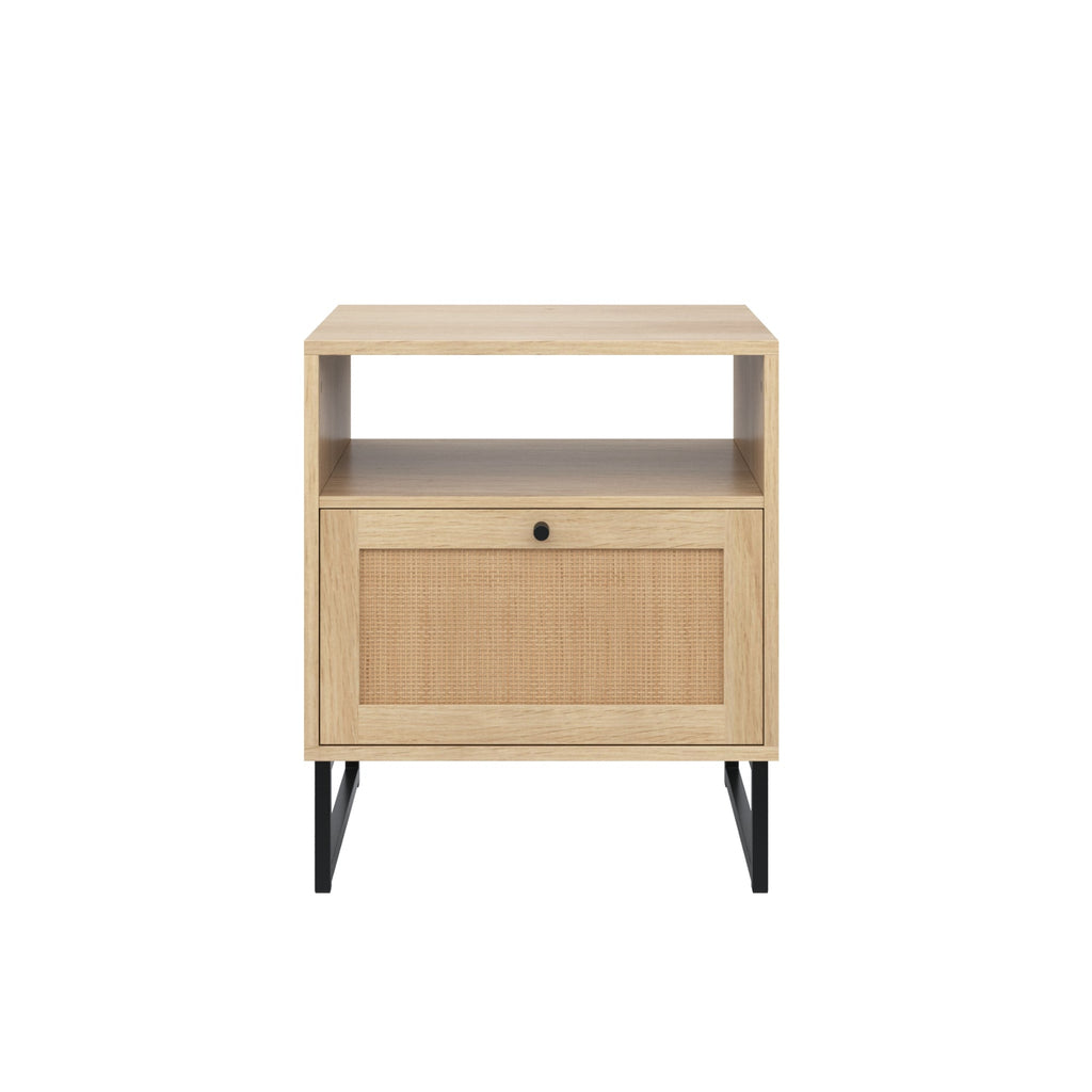 Rattan & Wood Storage Nightstand Light Oak