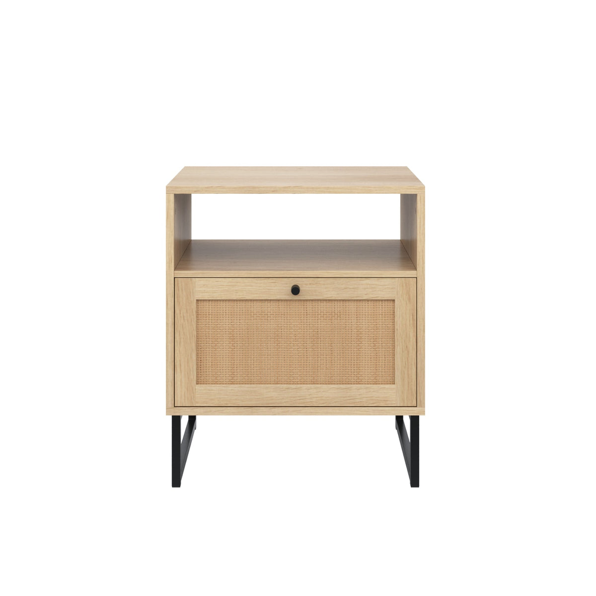 Rattan & Wood Storage Nightstand Light Oak