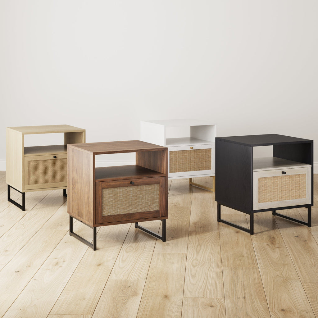 Rattan & Wood Storage Nightstand Light Oak