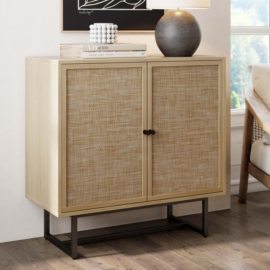 Wood & Rattan Storage Cabinet Light Oak