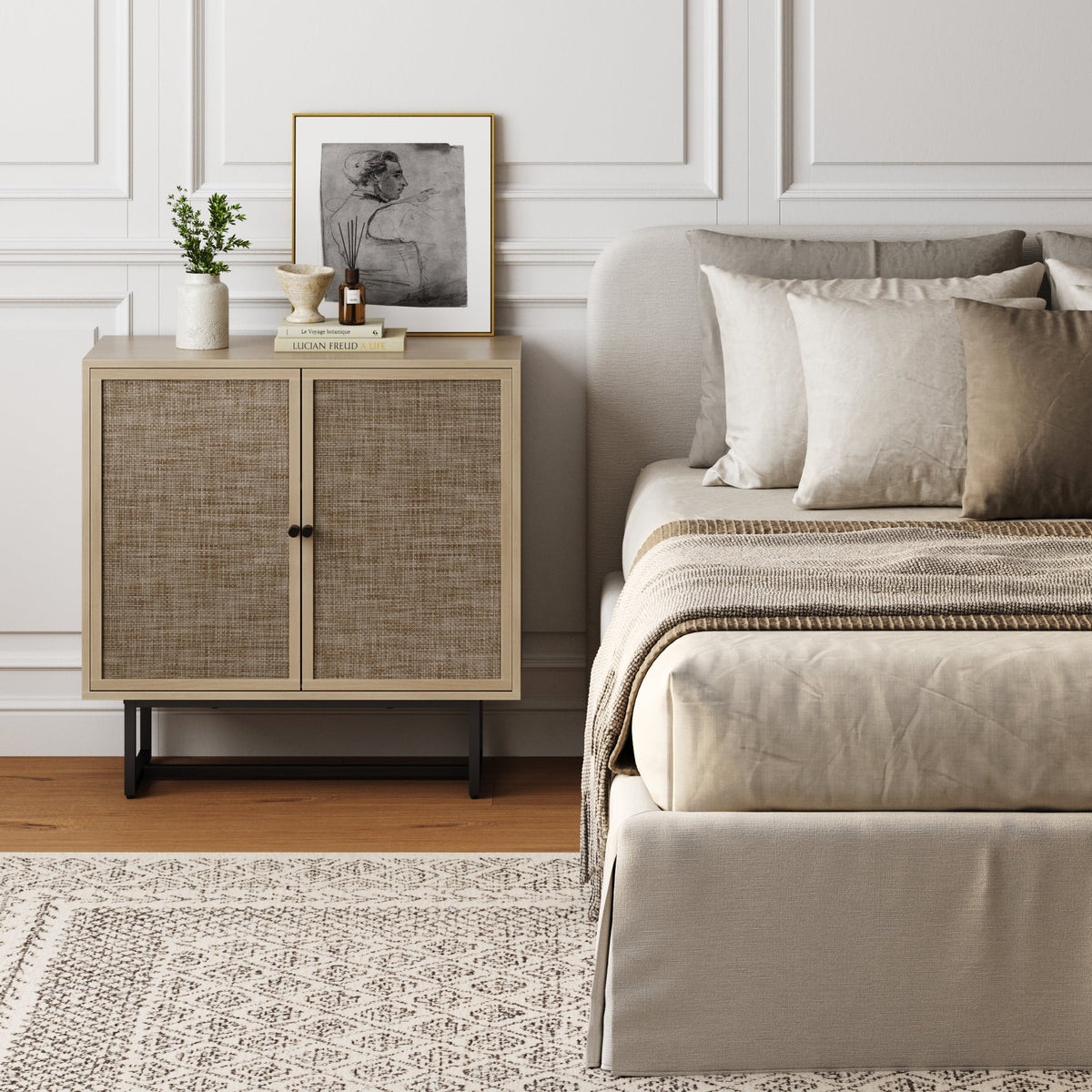 Wood & Rattan Storage Cabinet Light Oak