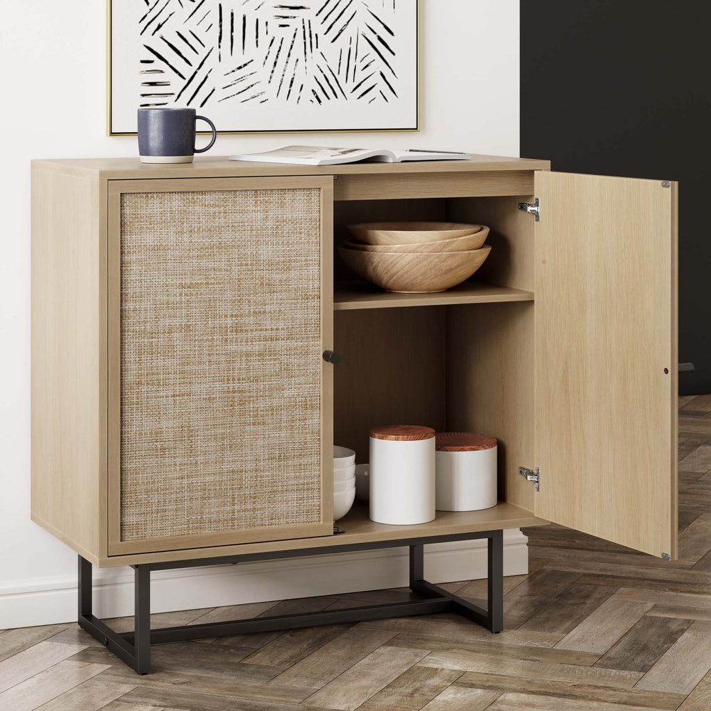 Wood & Rattan Storage Cabinet Light Oak