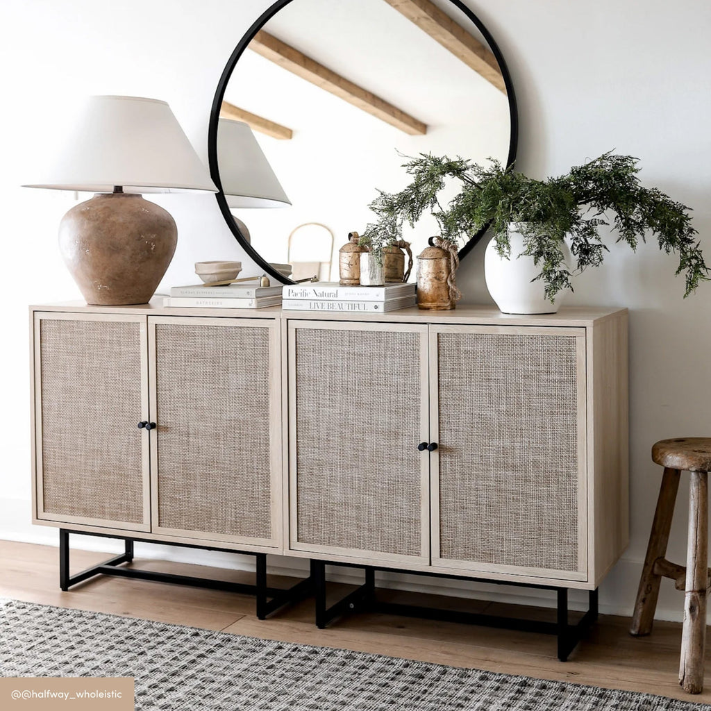 Wood & Rattan Storage Cabinet Light Oak