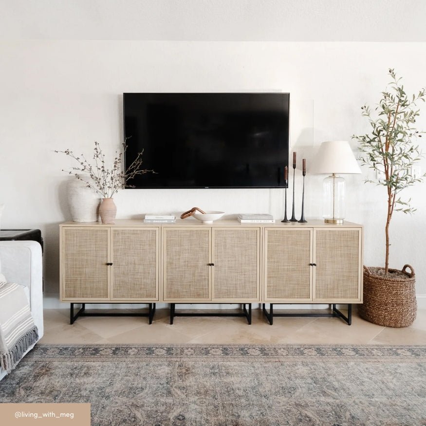 Wood & Rattan Storage Cabinet Light Oak